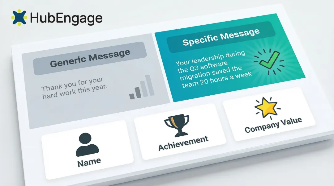 Generic versus specific holiday employee message before and after comparison infographic
