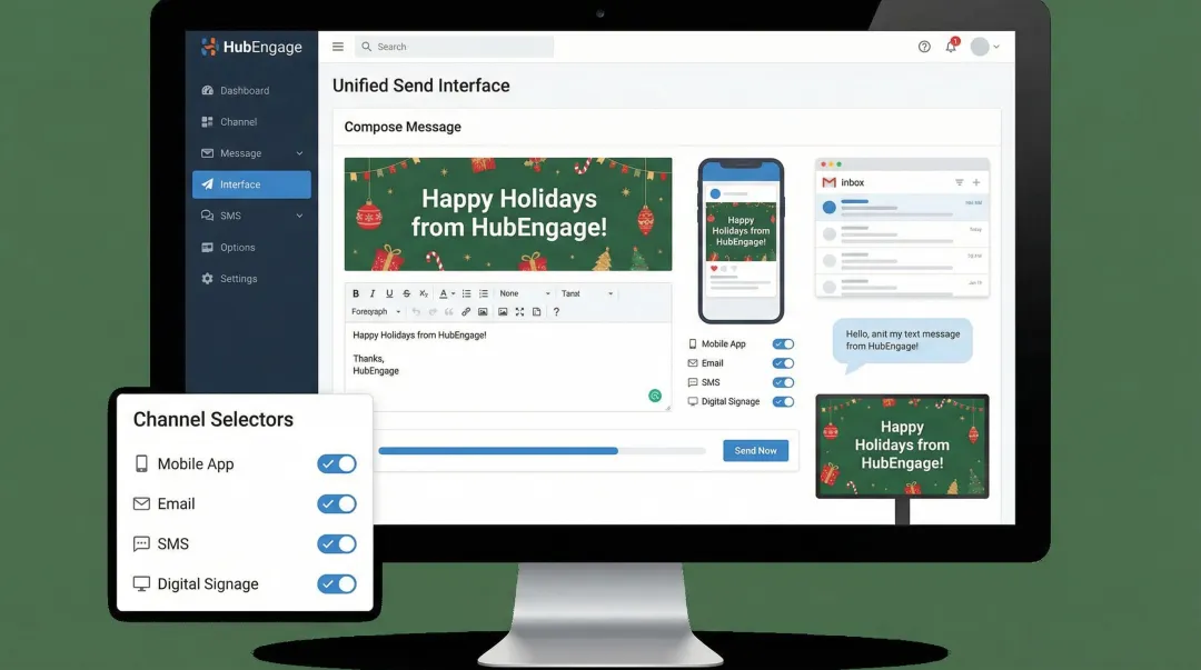 HubEngage multi-channel holiday message distribution dashboard across mobile email SMS and digital signage