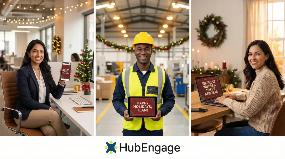 Diverse distributed workforce employees receiving holiday recognition messages on various devices