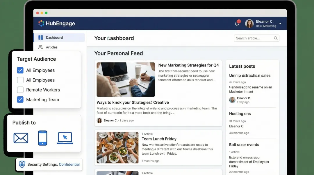 HubEngage intranet platform dashboard showing role-based content targeting and personalized employee feed