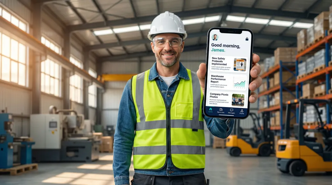 Employee using mobile intranet app on smartphone with secure role-based personalized content feed