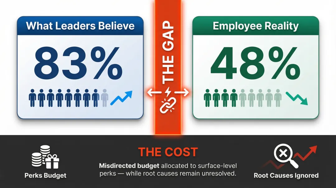 Employee satisfaction versus engagement gap statistics comparison infographic
