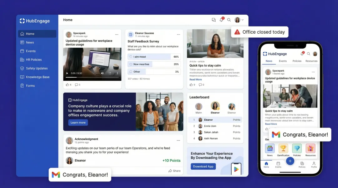 HubEngage unified SaaS intranet platform dashboard displaying multi-channel employee communications