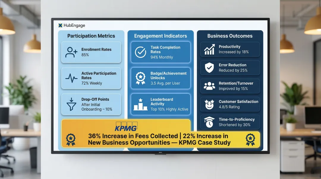 Gamification ROI metrics framework showing participation engagement and business outcome categories