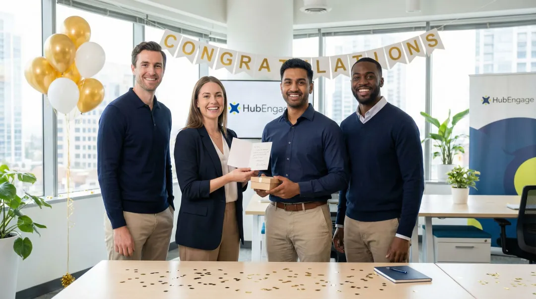 Employee work anniversary milestone celebration with team in bright office setting