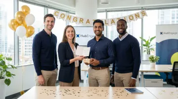 Employee work anniversary milestone celebration with team in bright office setting