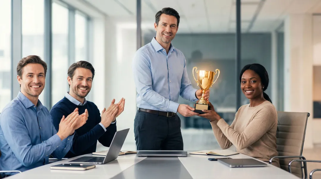 Manager publicly recognizing employee achievement in modern workplace team meeting