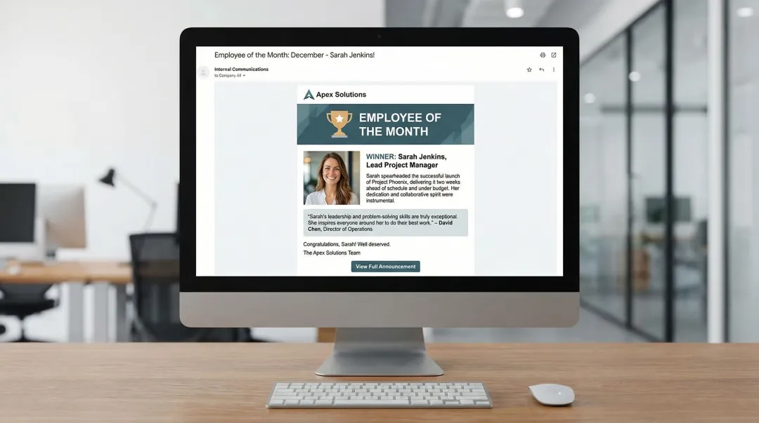 Company-wide employee of the month announcement email displayed on desktop screen