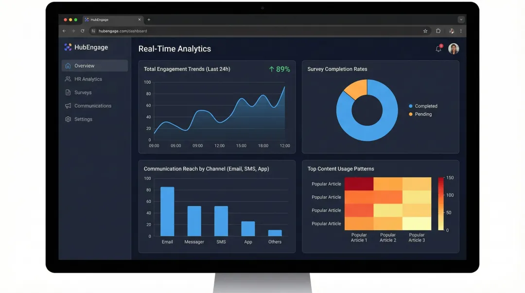 HubEngage analytics dashboard displaying real-time employee engagement metrics and survey results
