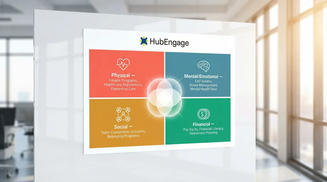 Four employee wellbeing dimensions physical mental social financial pillars infographic