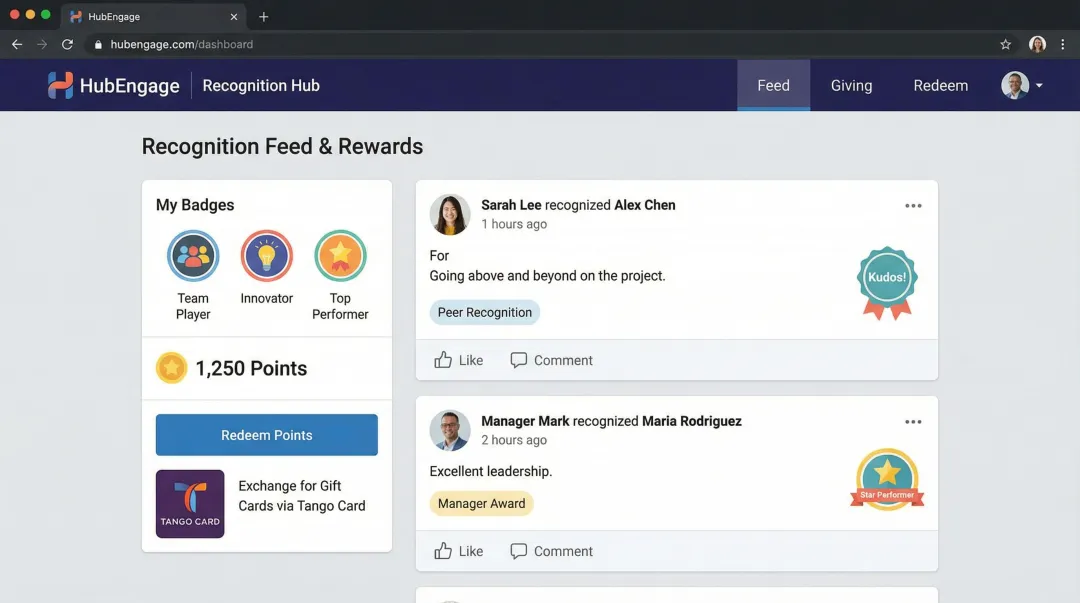 HubEngage Recognition Hub platform showing peer recognition awards and points dashboard