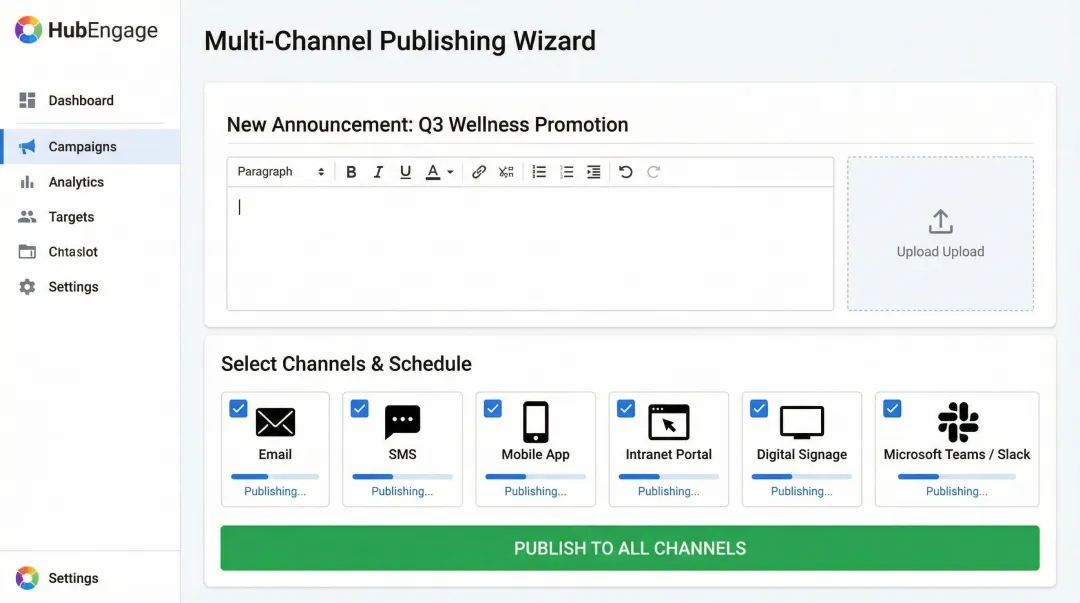 HubEngage multi-channel promotion announcement dashboard showing simultaneous cross-channel publishing