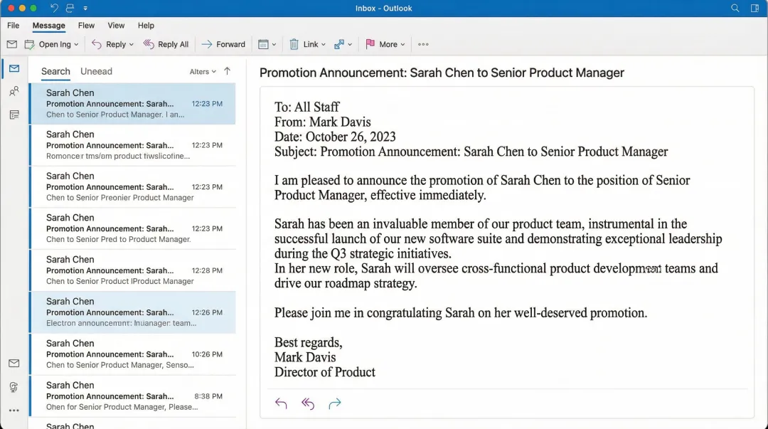 Sample employee promotion announcement email displayed in professional email interface