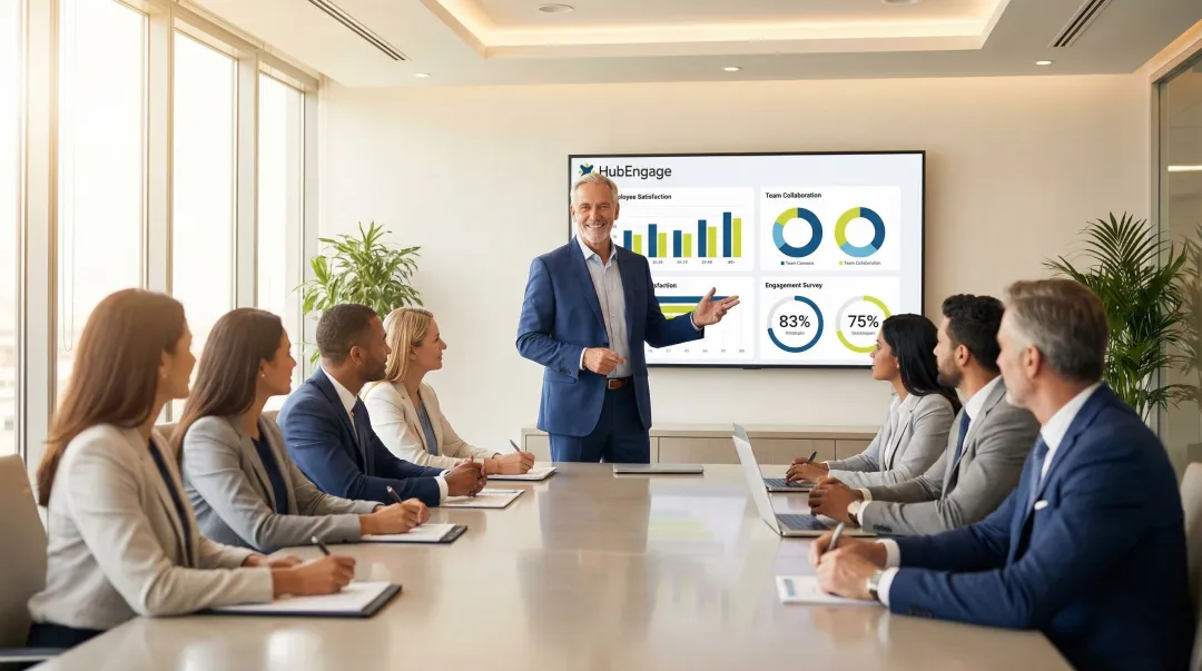 Senior executive presenting employee engagement survey results to assembled company team