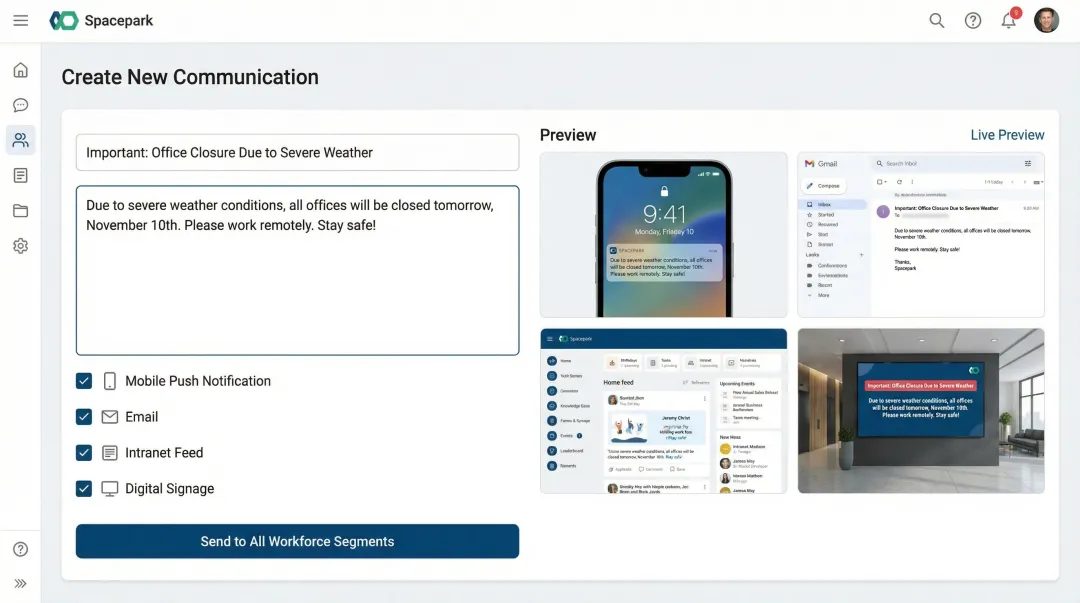 Multi-channel employee communication platform dashboard reaching frontline remote and on-site workers