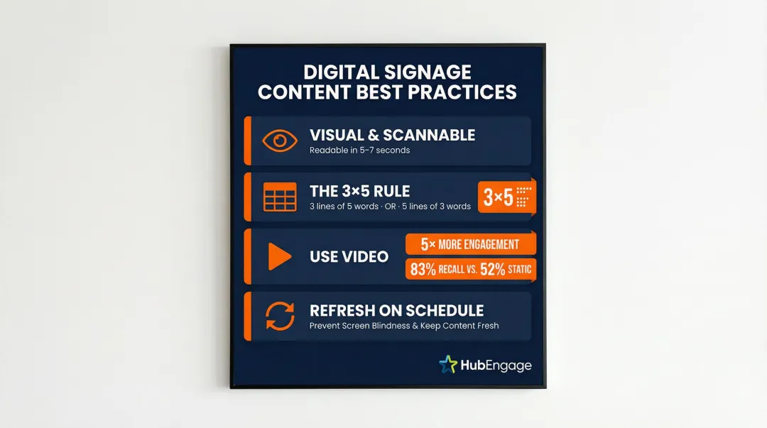 Digital signage content design best practices including 3x5 rule and video engagement stats