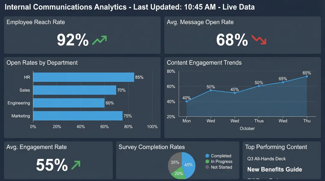 Internal communications analytics dashboard showing engagement reach and content performance metrics