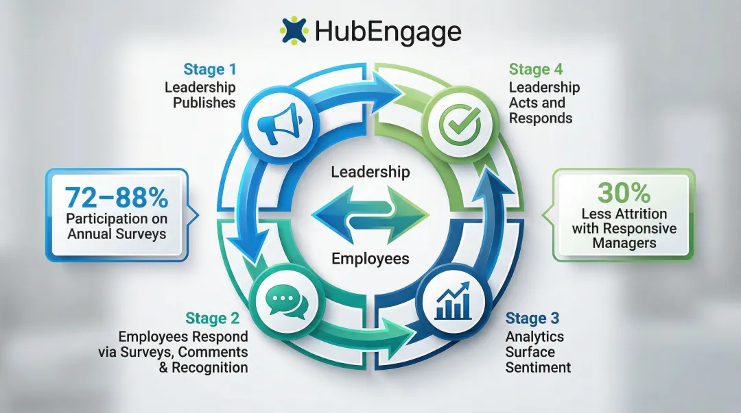 Two-way employee communication feedback loop cycle with engagement benchmarks