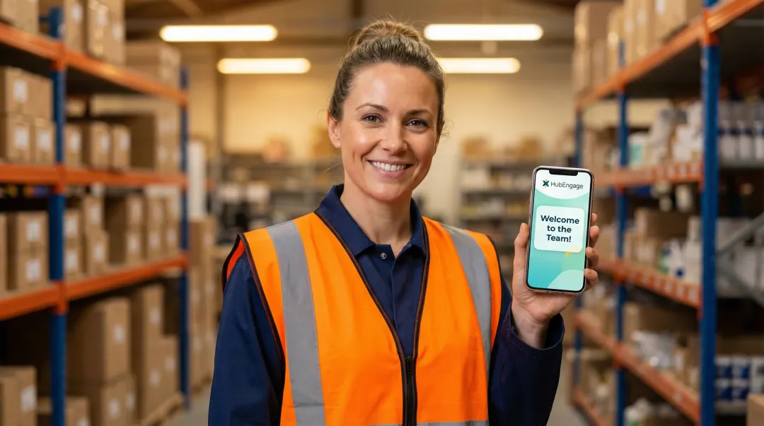 Frontline worker in warehouse receiving welcome message notification on mobile phone
