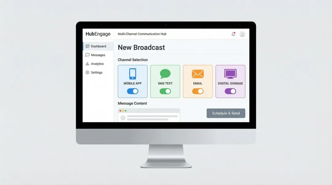 HubEngage multi-channel employee communication platform showing mobile SMS email and digital signage delivery