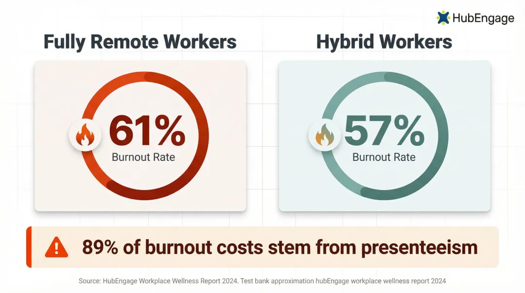 Remote versus hybrid employee burnout rate comparison infographic with statistics