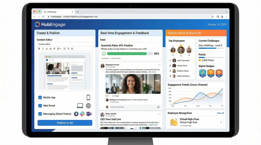 HubEngage multi-channel employee communication platform dashboard showing engagement features