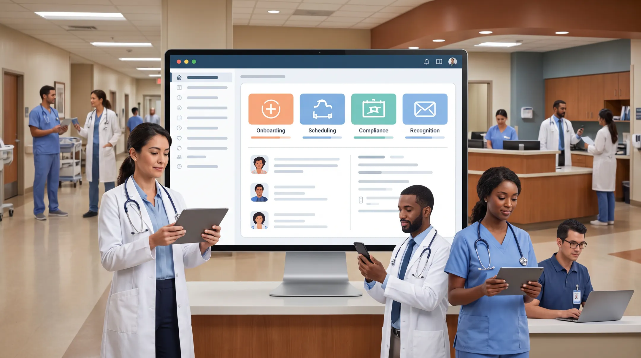 Healthcare staff using unified employee communication platform across facilities