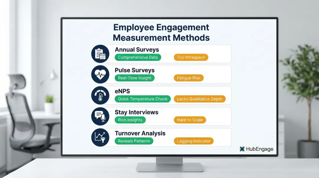 Employee engagement measurement methods comparison showing five approaches with tradeoffs