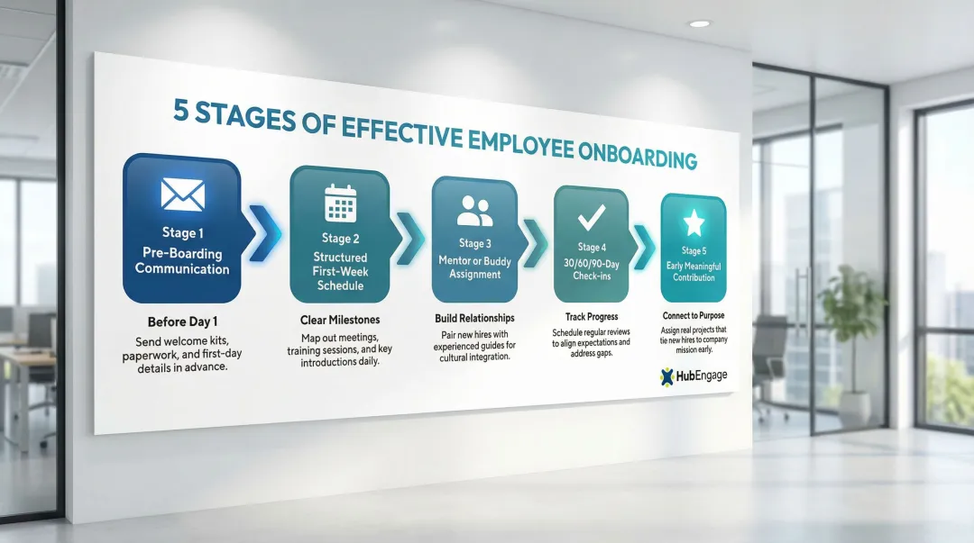 5-step employee onboarding process timeline from pre-boarding to 90-day check-in