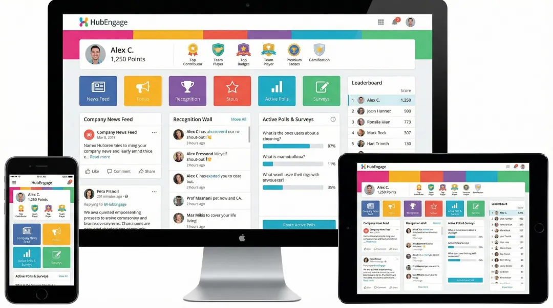 HubEngage unified employee engagement platform dashboard showing gamification points badges and leaderboards