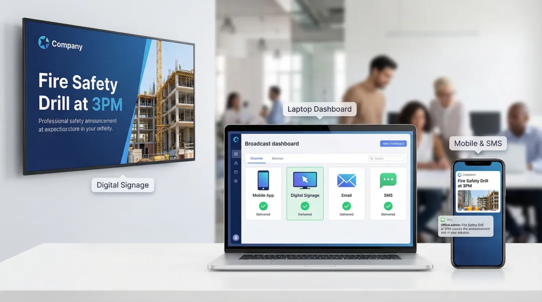 Multi-channel employee communication platform showing mobile app digital display and SMS delivery