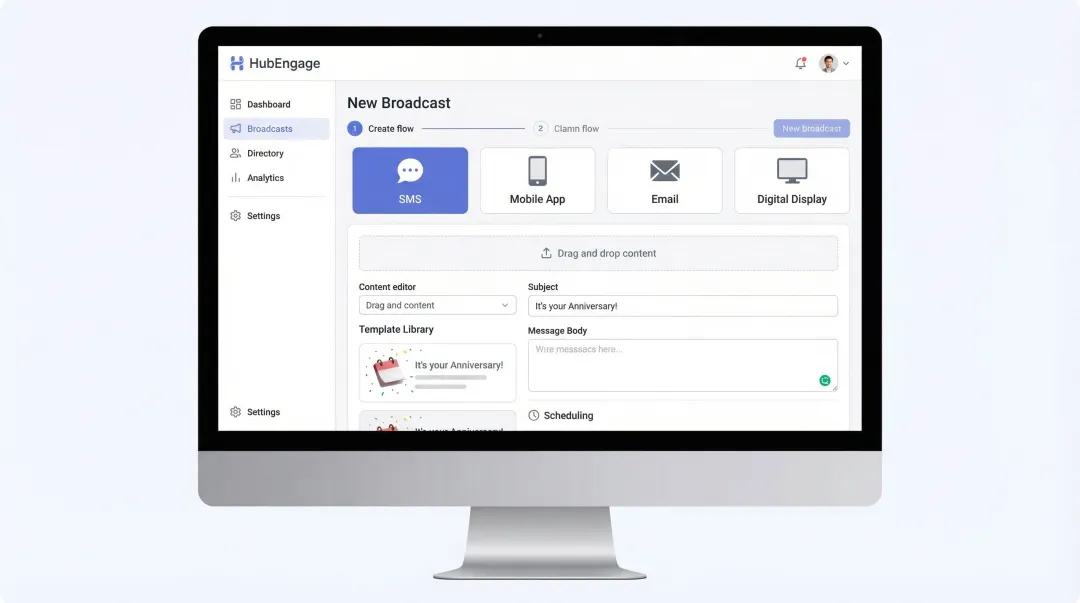 HubEngage multi-channel employee communication platform dashboard showing SMS mobile and email