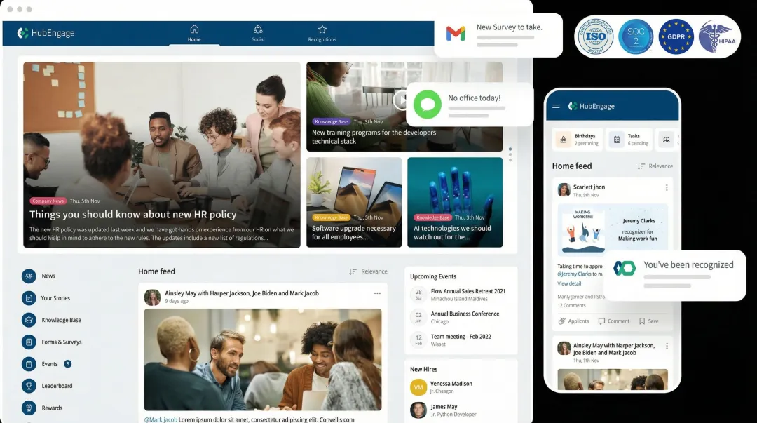 HubEngage platform interface showing multi-channel employee communications dashboard with compliance certifications