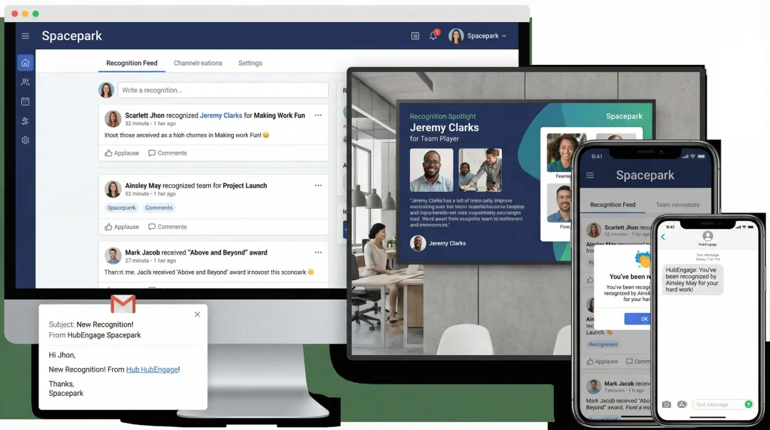 HubEngage employee recognition platform displayed across mobile app and digital display channels