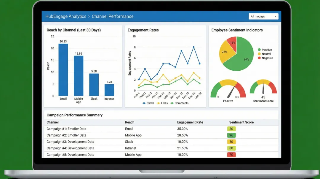 HubEngage analytics dashboard displaying campaign reach engagement and employee sentiment metrics
