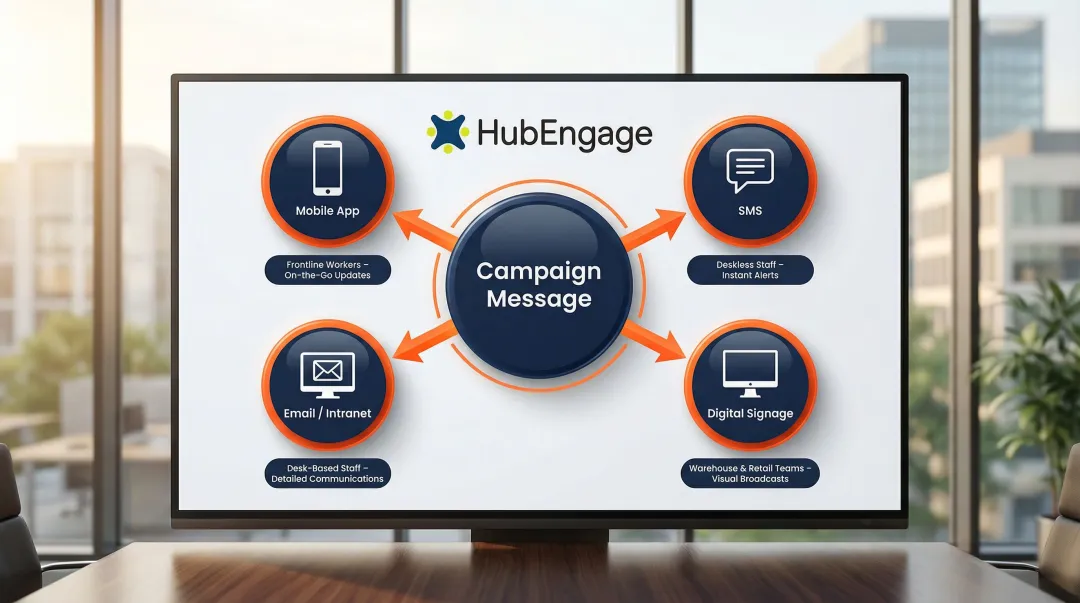 Multi-channel internal communication delivery strategy for frontline and desk workers