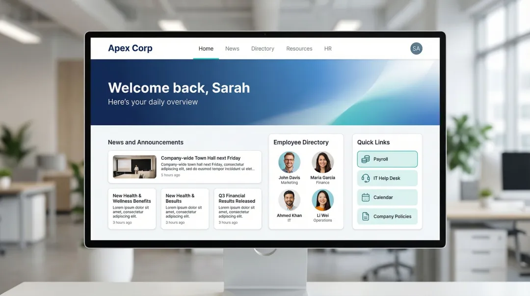 Corporate intranet branded portal interface showing company hub homepage with employee features