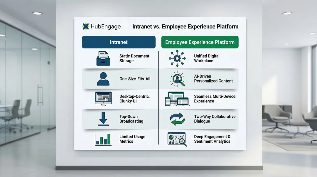 Intranet versus employee experience platform five-category side-by-side comparison infographic