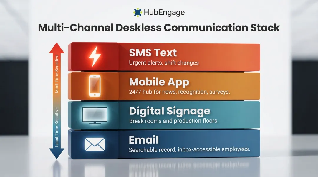 Four-channel deskless workforce communication stack mobile SMS signage email infographic