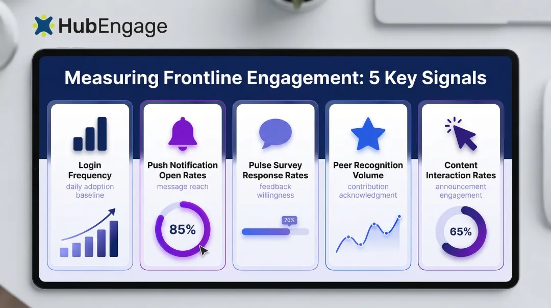 Five key deskless employee engagement metrics dashboard measurement framework infographic