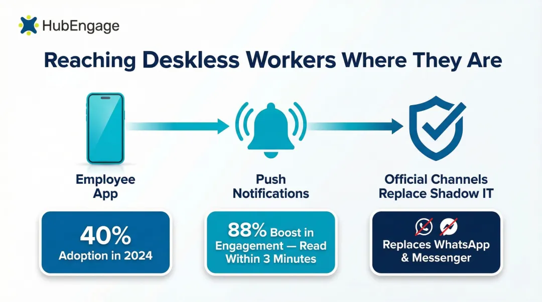 Mobile-first deskless employee communication strategy three-channel approach infographic
