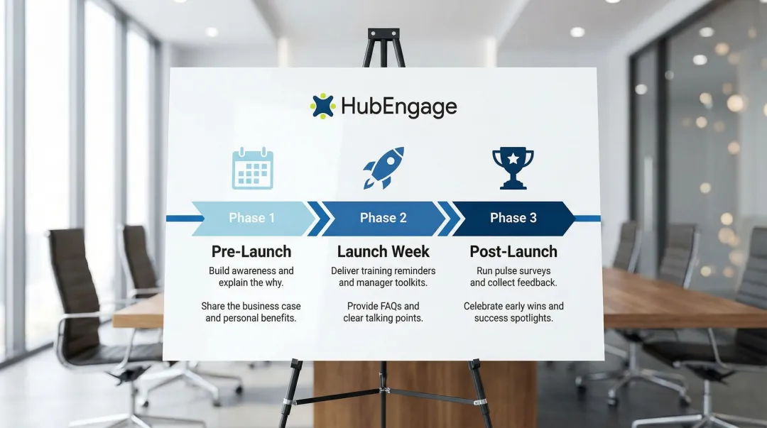 Three-phase AI rollout communication campaign timeline from pre-launch to post-launch