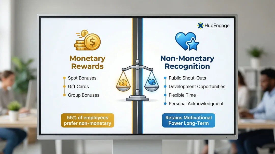 Monetary versus non-monetary employee recognition comparison showing motivation and satisfaction impact