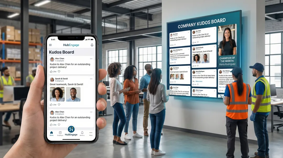 HubEngage kudos board displayed across mobile app and digital workplace display screens