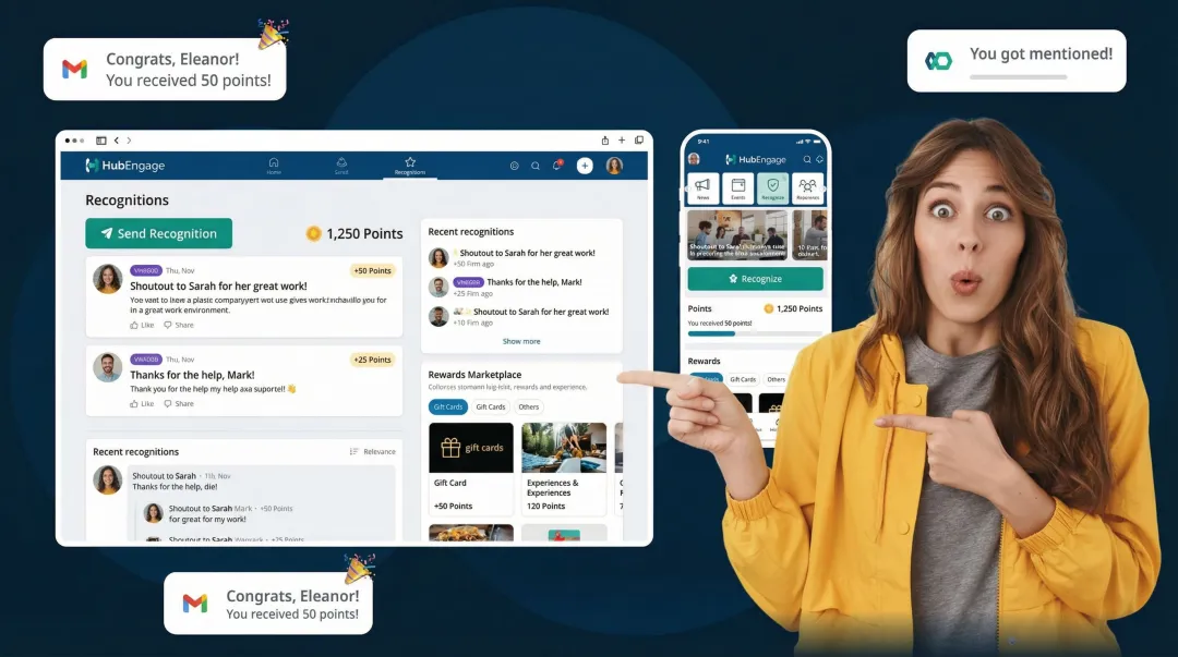 HubEngage peer-to-peer recognition platform showing gamified points and employee rewards dashboard