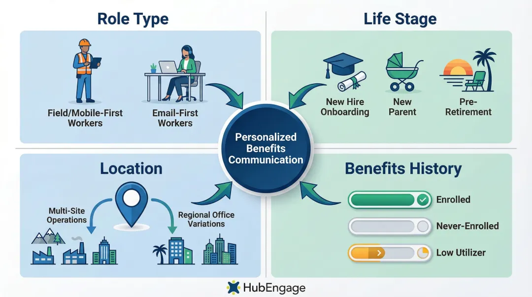Employee benefits communication segmentation framework across four key workforce dimensions