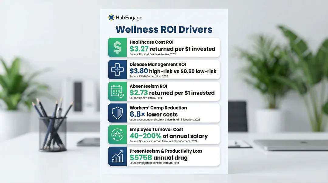 Wellness program direct financial returns summary table with ROI statistics and sources