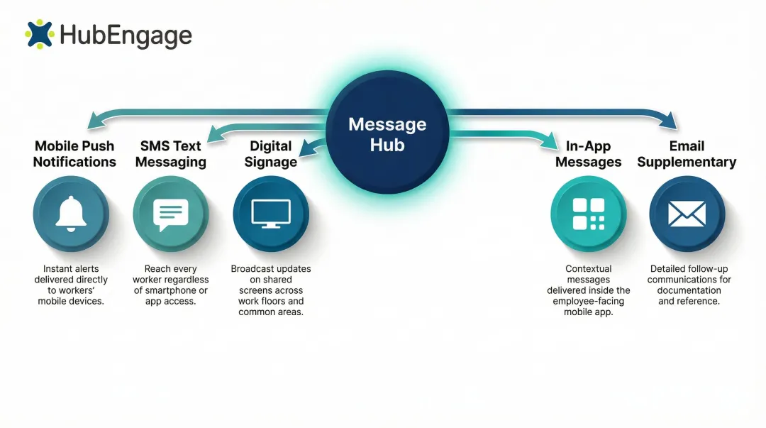 Five-channel frontline communication delivery strategy flow from mobile to digital signage