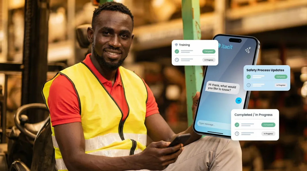 Frontline worker using smartphone AI assistant tool for instant workplace information access