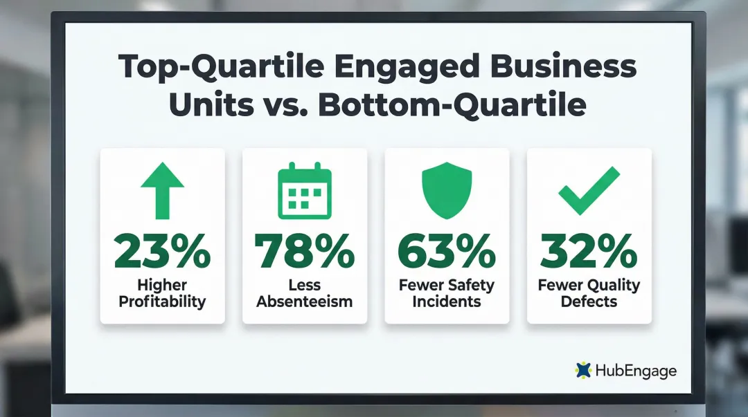 Employee engagement impact statistics showing profitability absenteeism and defect reduction